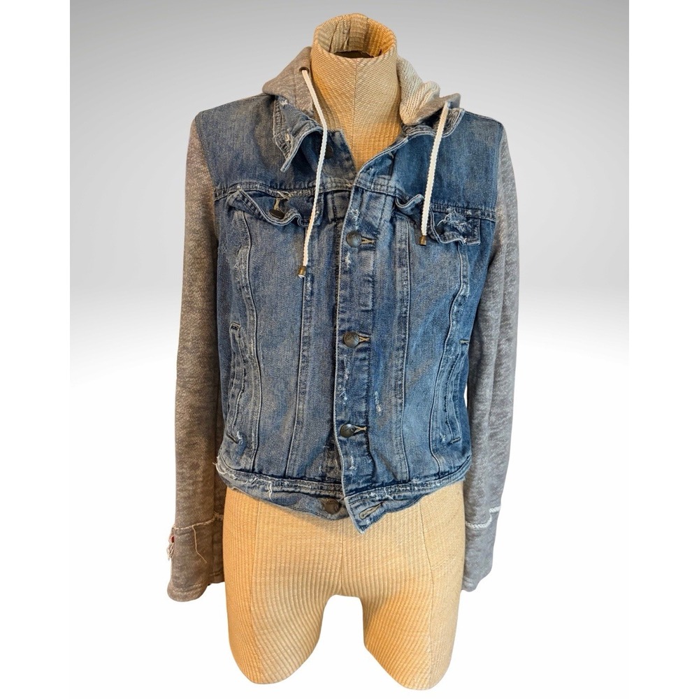 Free People Jean Jacket Women's Medium Black Knit Hooded Button Up Hoodie Cotton